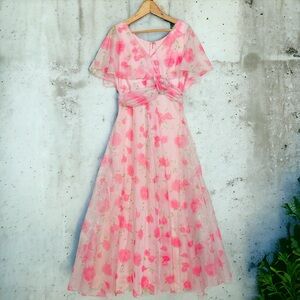 Vintage Handmade Rose Floral Print Chiffon V Neck Flutter Sleeve Maxi Dress M/L